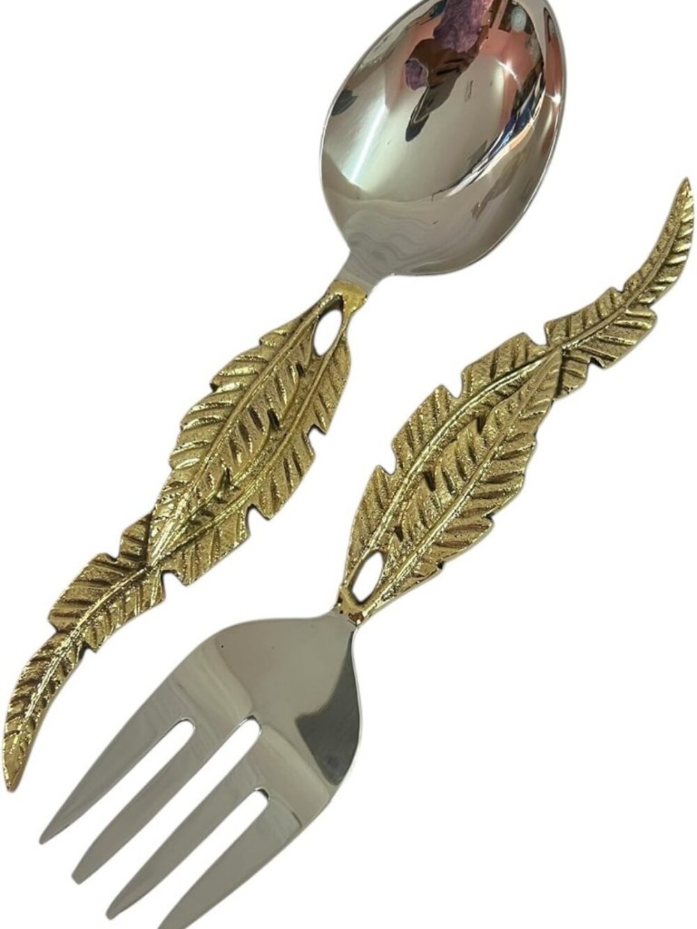 Elegant Gold Salad Serving Spoon & Fork Set - Stainless Steel, Leaf Handle, 10